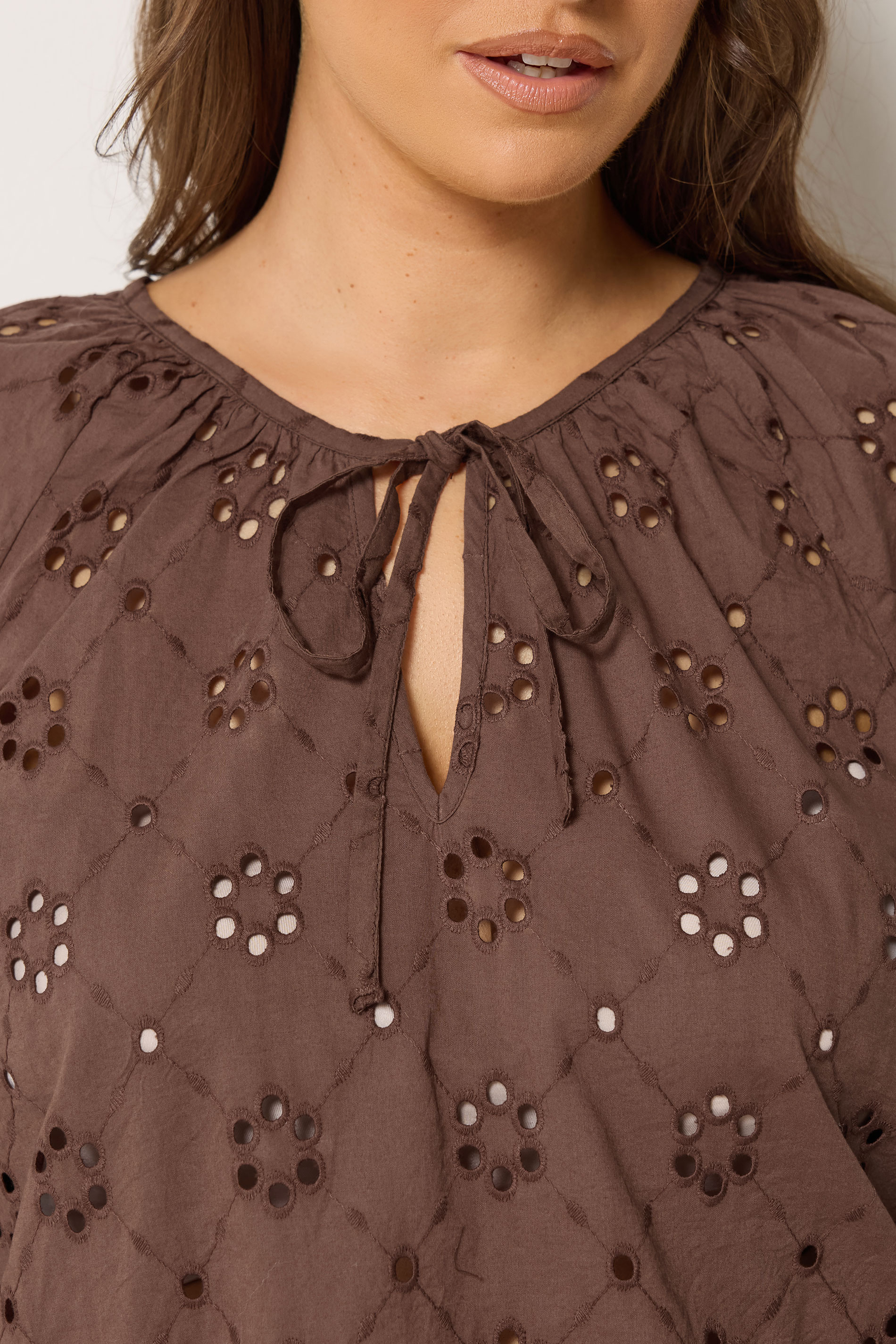 YOURS Curve Chocolate Brown Floral Broderie Anglaise Top | Yours Clothing 4