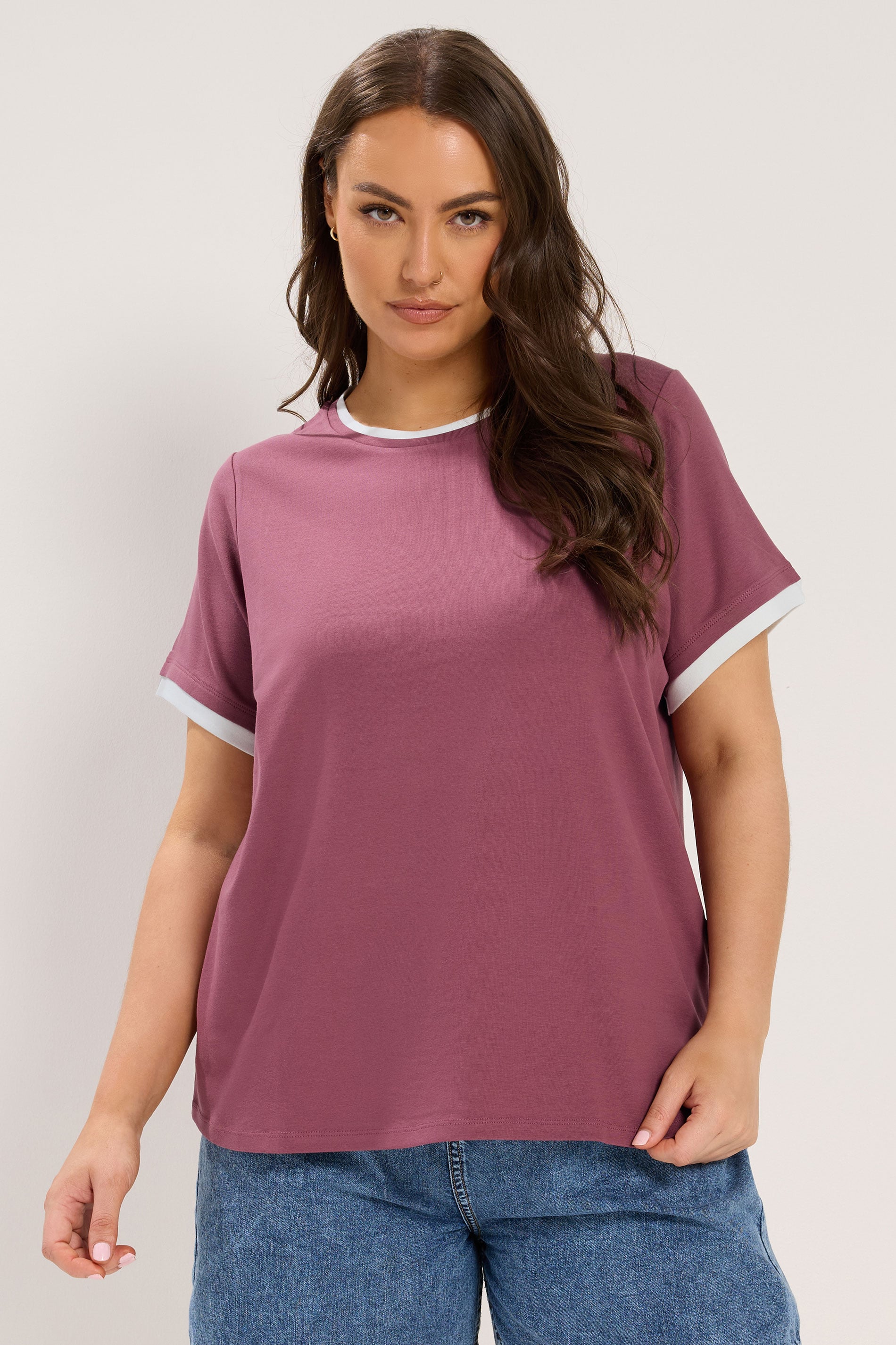 YOURS Plus Size Pink Contrast Trim Ringer T-Shirt | Yours Clothing 3