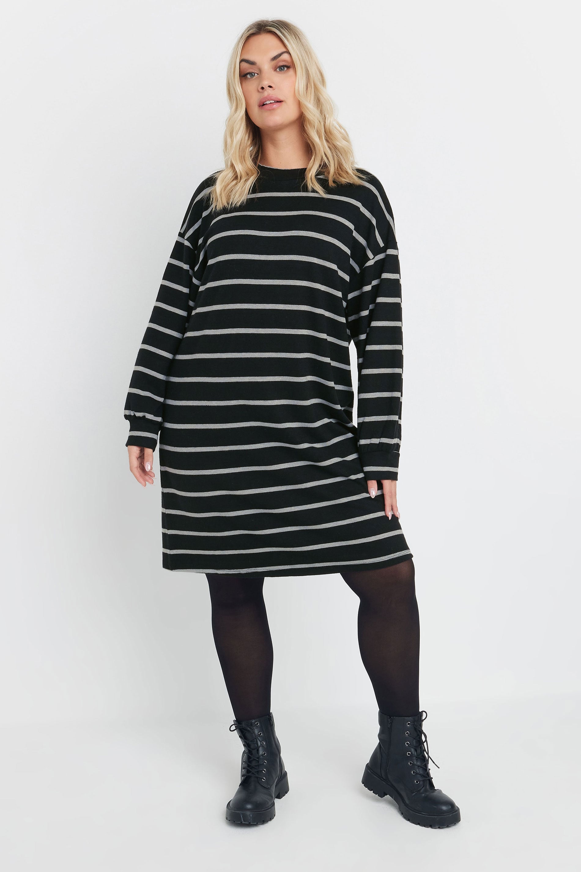 YOURS Plus Size Black & Grey Stripe Jumper Dress | Yours Clothing 3