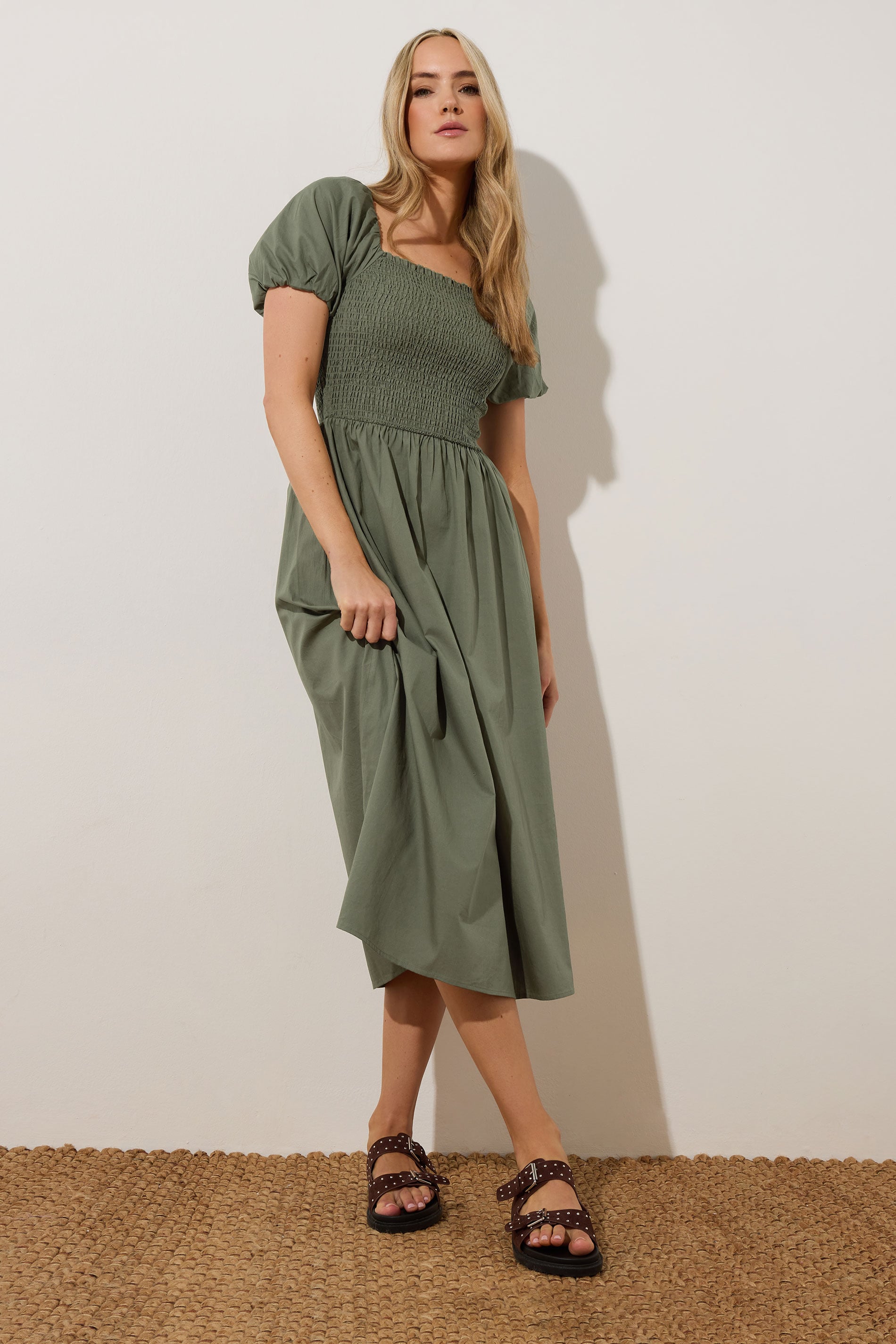 LTS Tall Khaki Green Shirred Cotton Puff Sleeve Midi Dress | Long Tall Sally 4