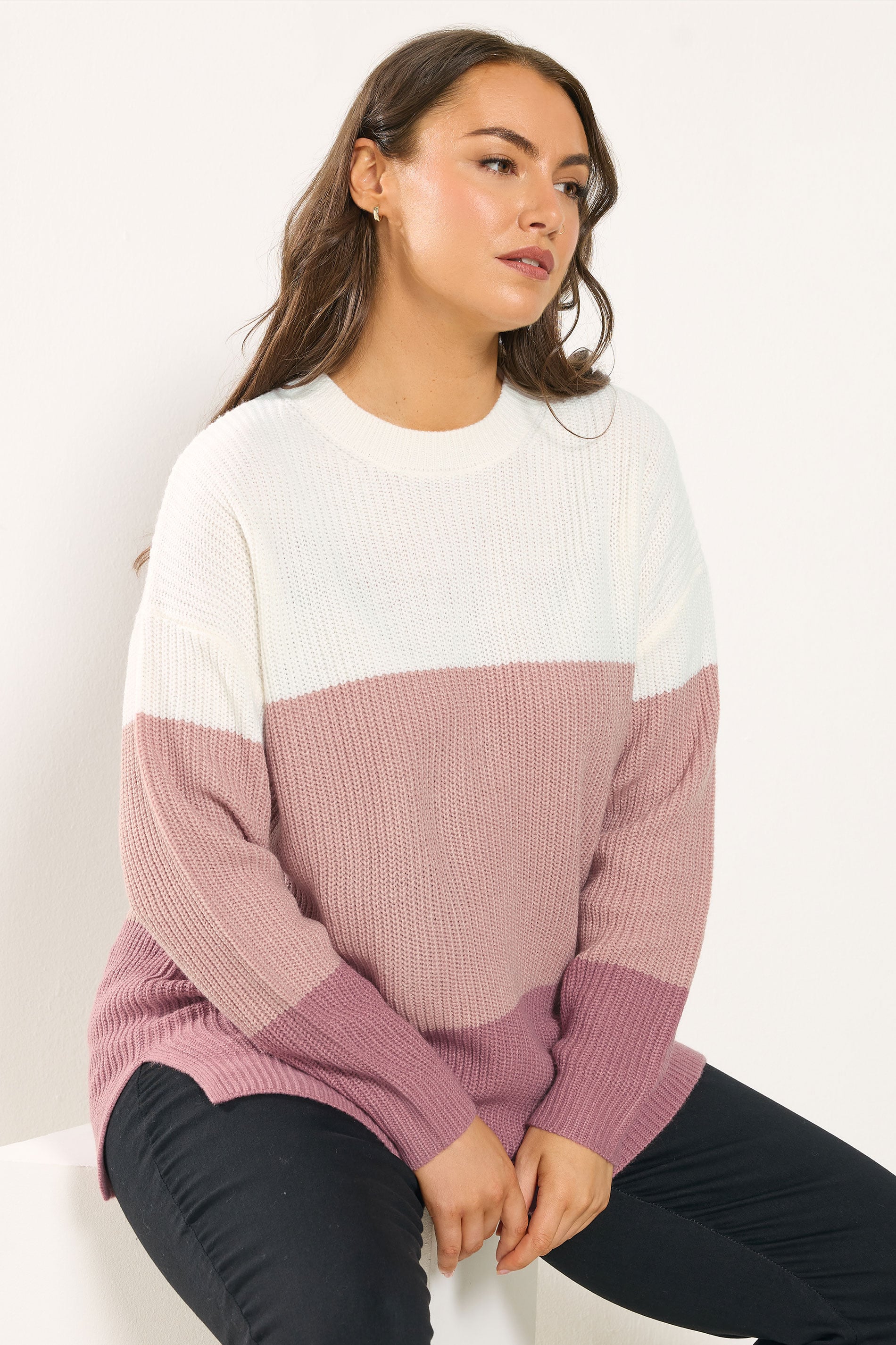 YOURS Plus Size Pink & Cream Colourblock Stripe Jumper | Yours Clothing 3