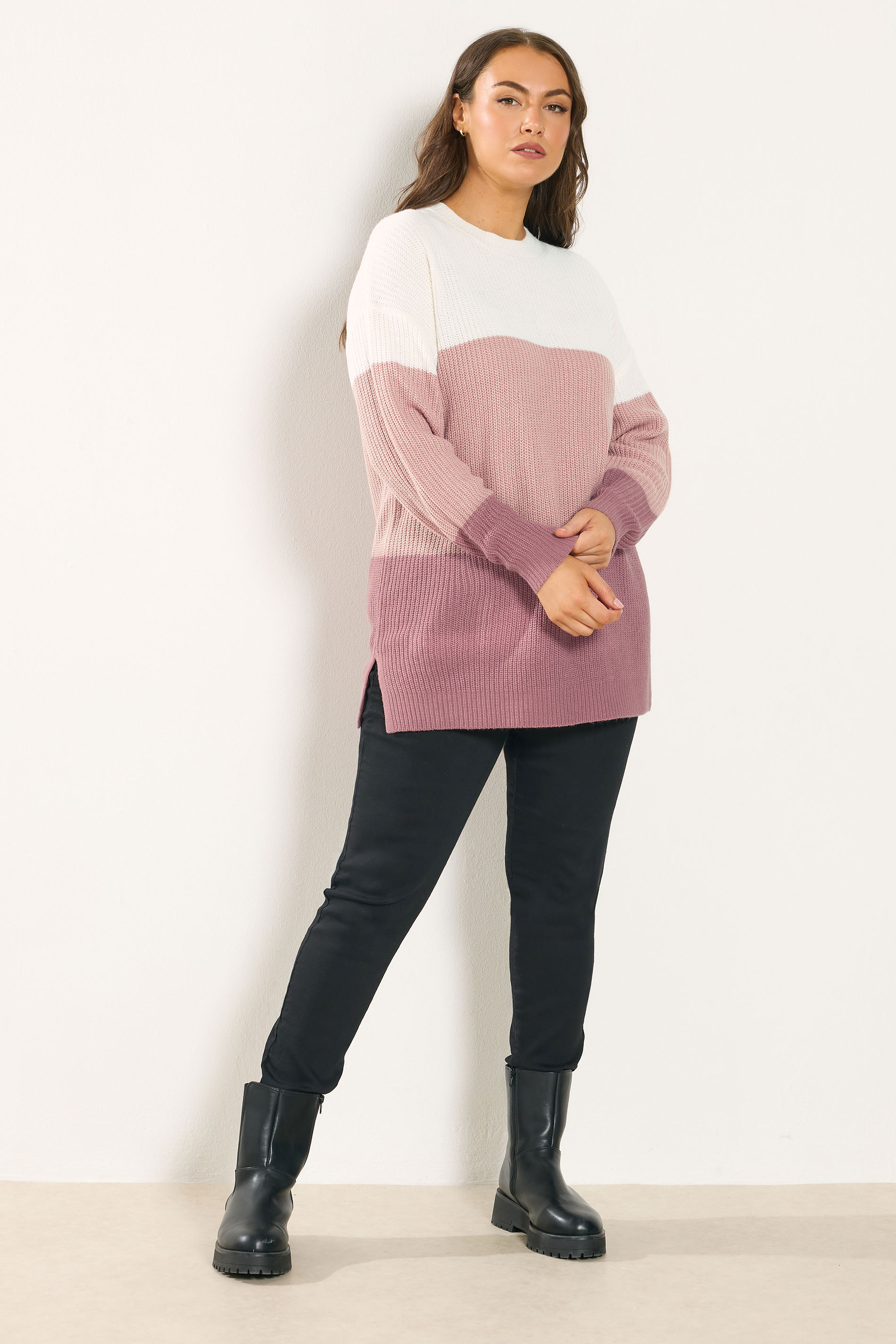 YOURS Plus Size Pink & Cream Colourblock Stripe Jumper | Yours Clothing 1