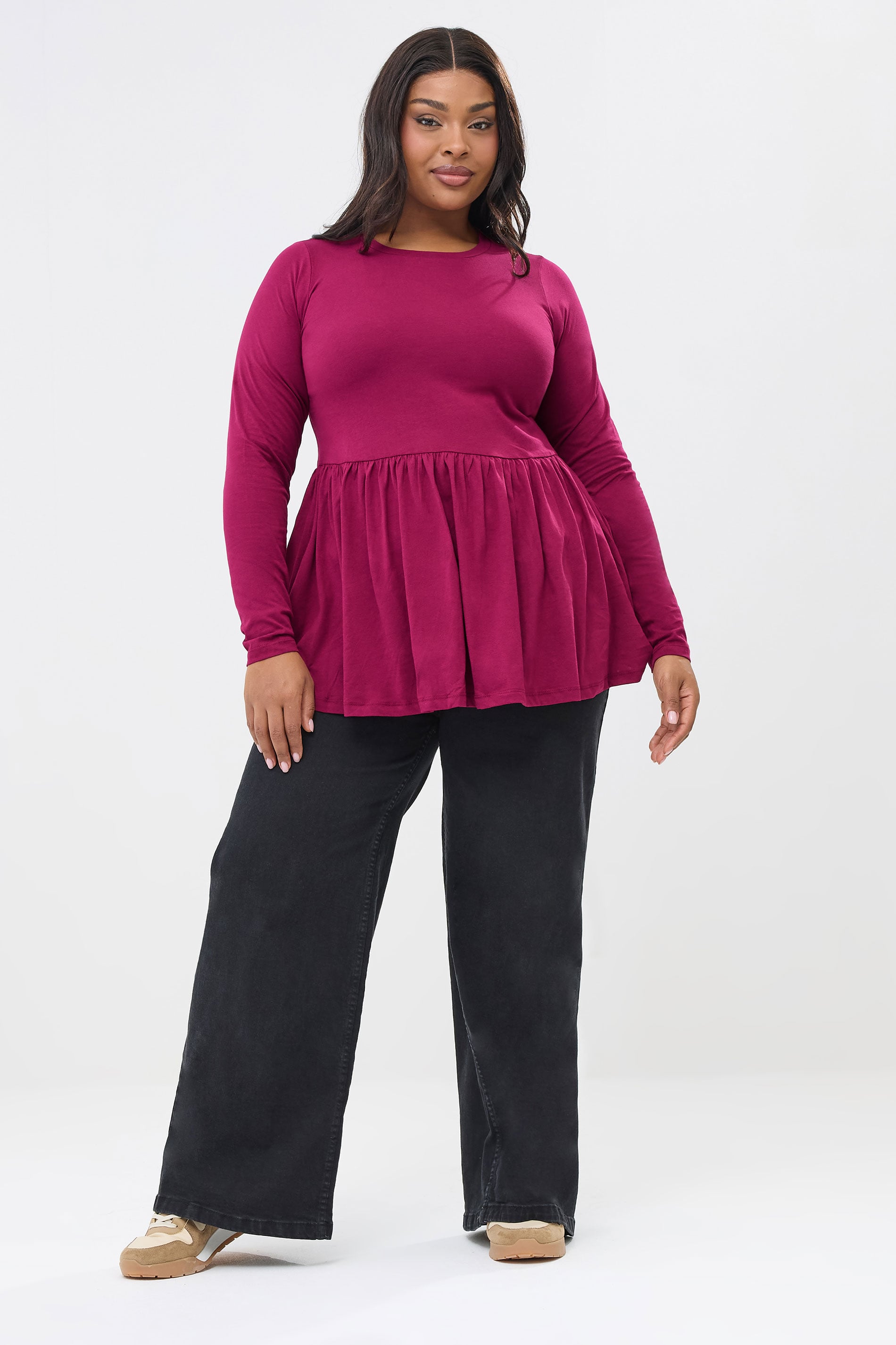 YOURS Plus Size Pink Long Sleeve Peplum Top | Yours Clothing 1