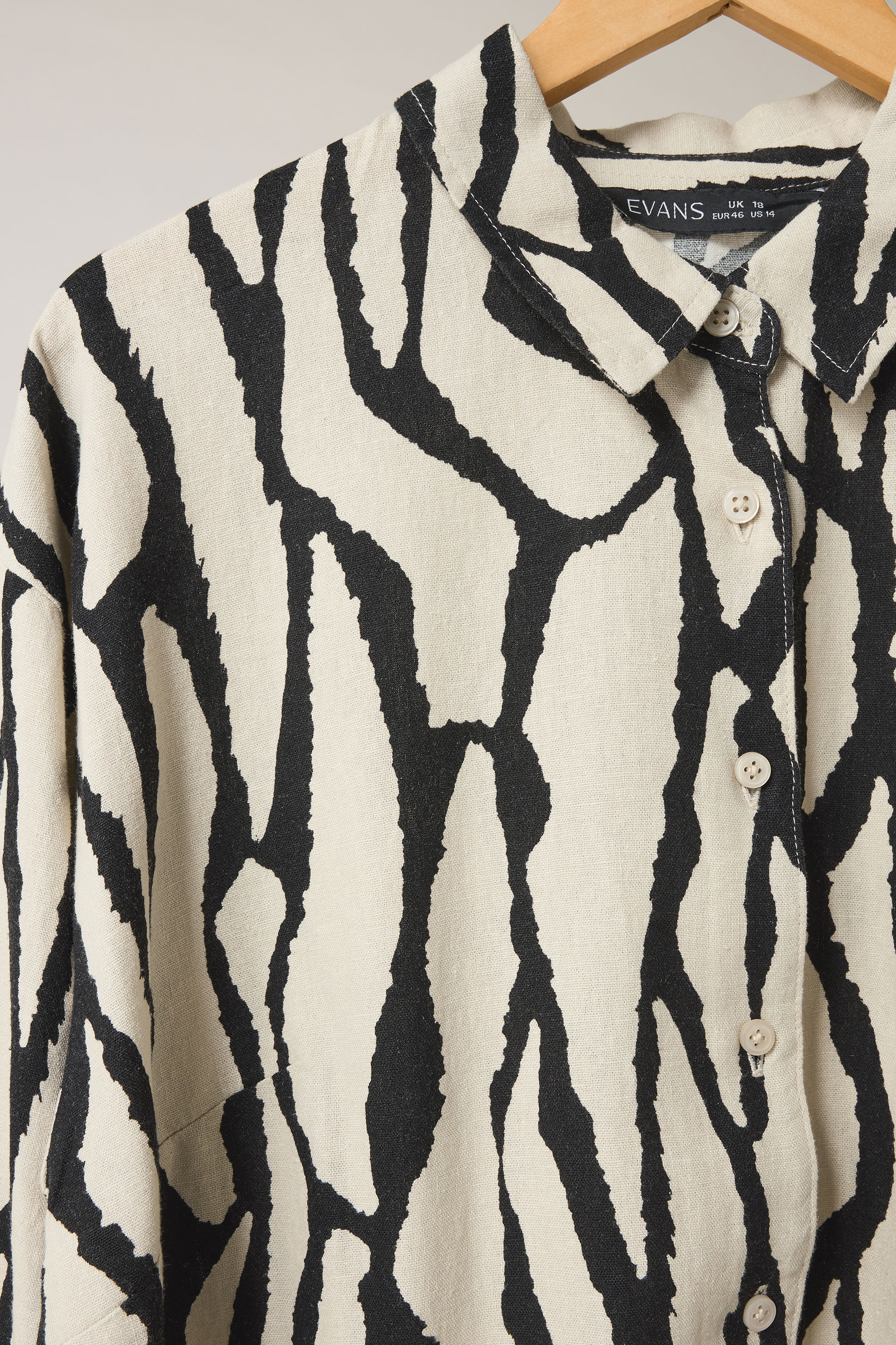 EVANS Plus Size Natural Brown Abstract Print Premium Linen Shirt | Evans 9