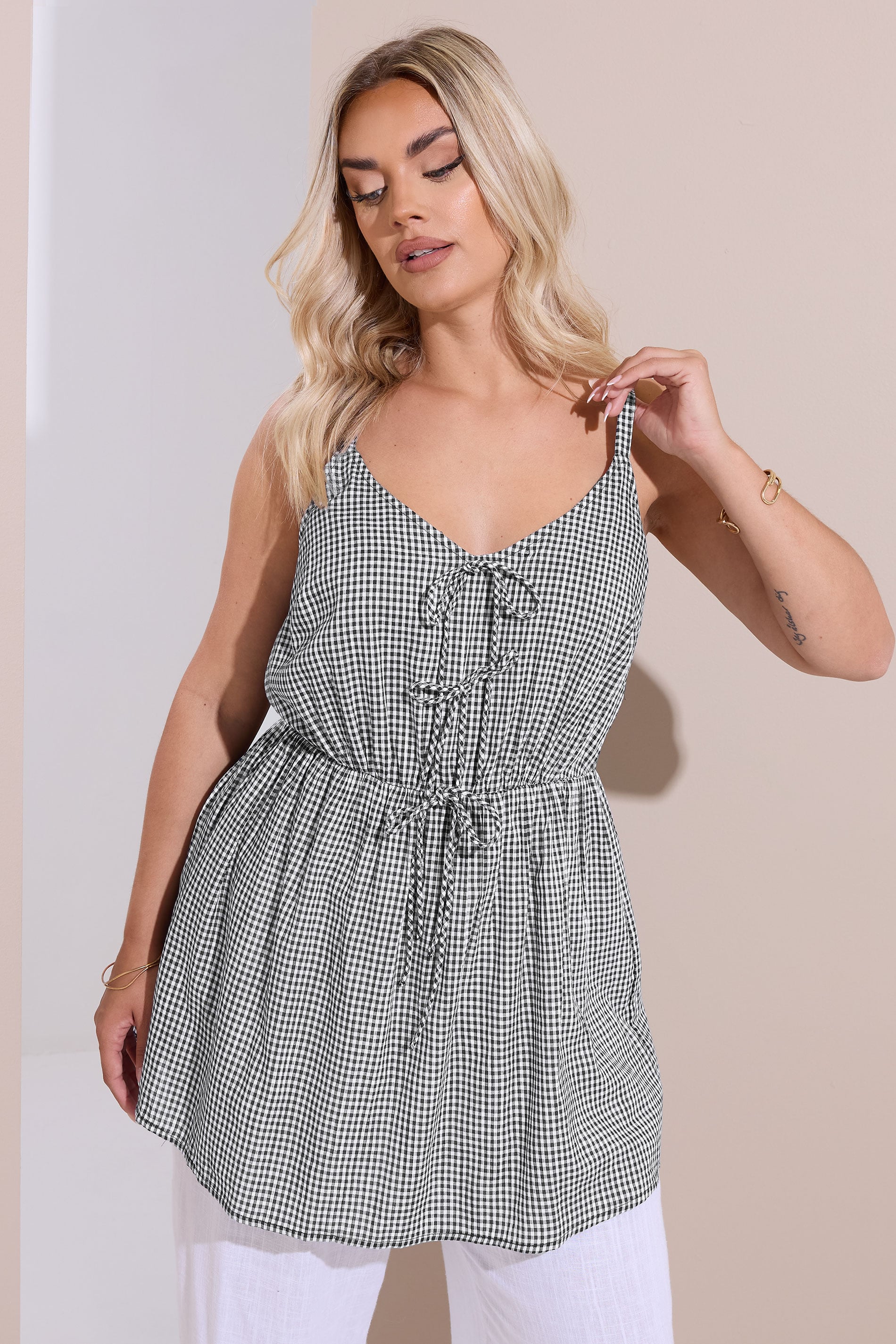 YOURS Plus Size Black & White Gingham Tie Front Cami Top | Yours Clothing 3