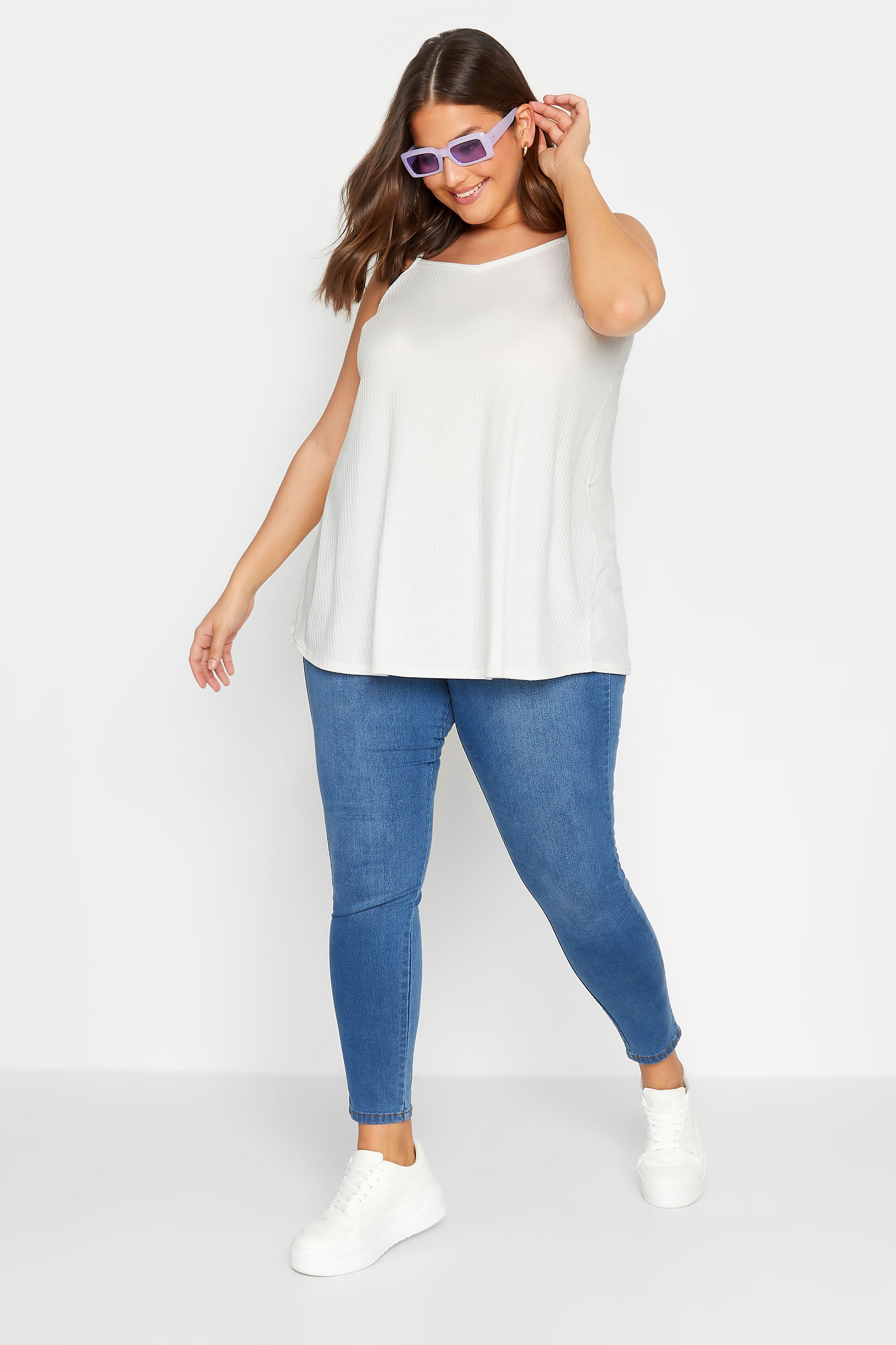 YOURS Curve Plus Size White Ribbed Swing Cami Top | Yours Clothing  2