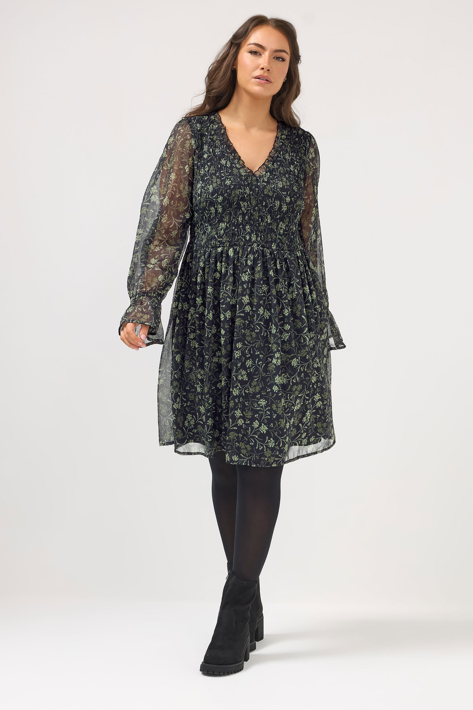 YOURS Plus Size Black Floral Shirred Mini Dress | Yours Clothing 1