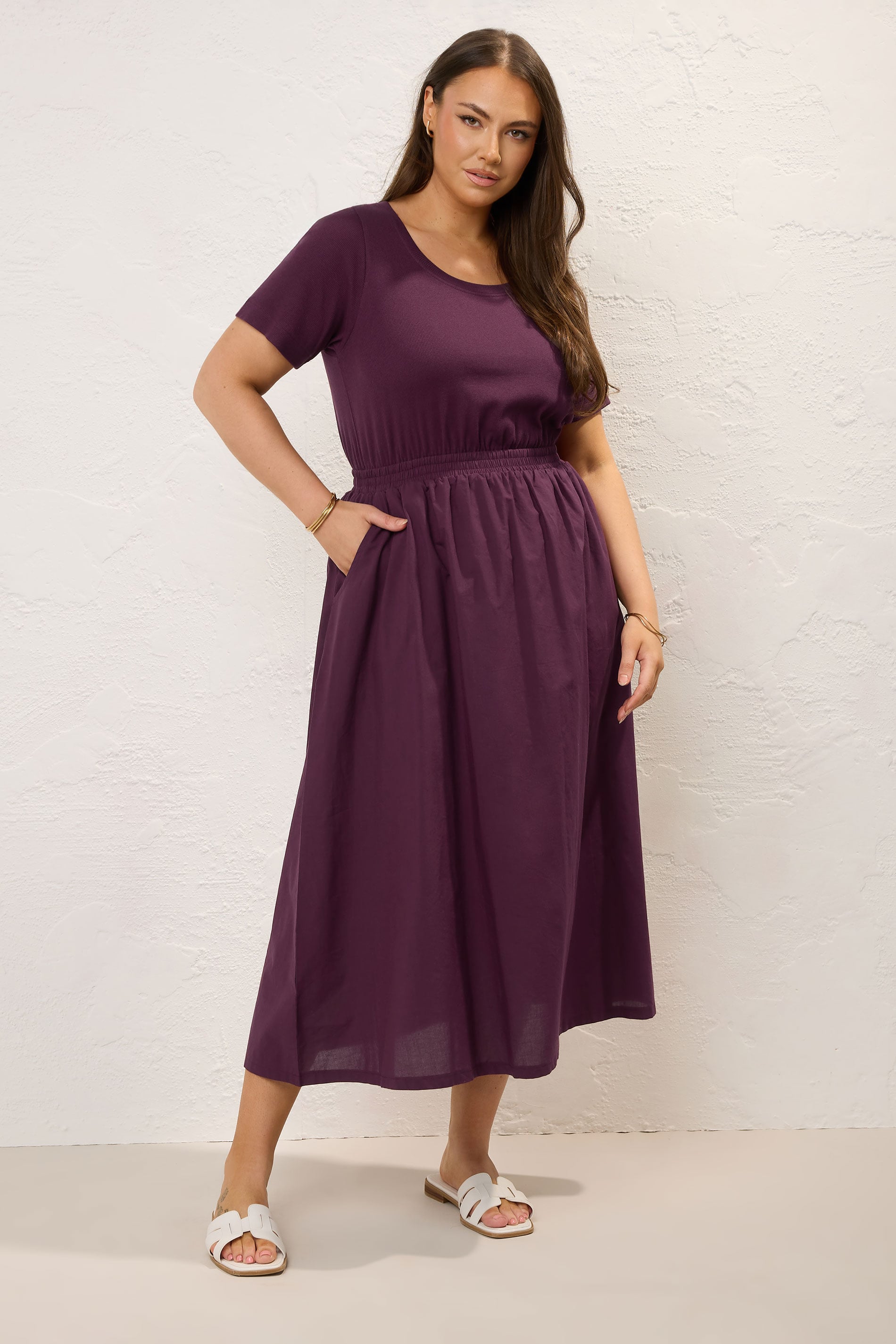 YOURS Curve Dark Purple Mixed Fabric Maxi Dress | Yours Clothing 1