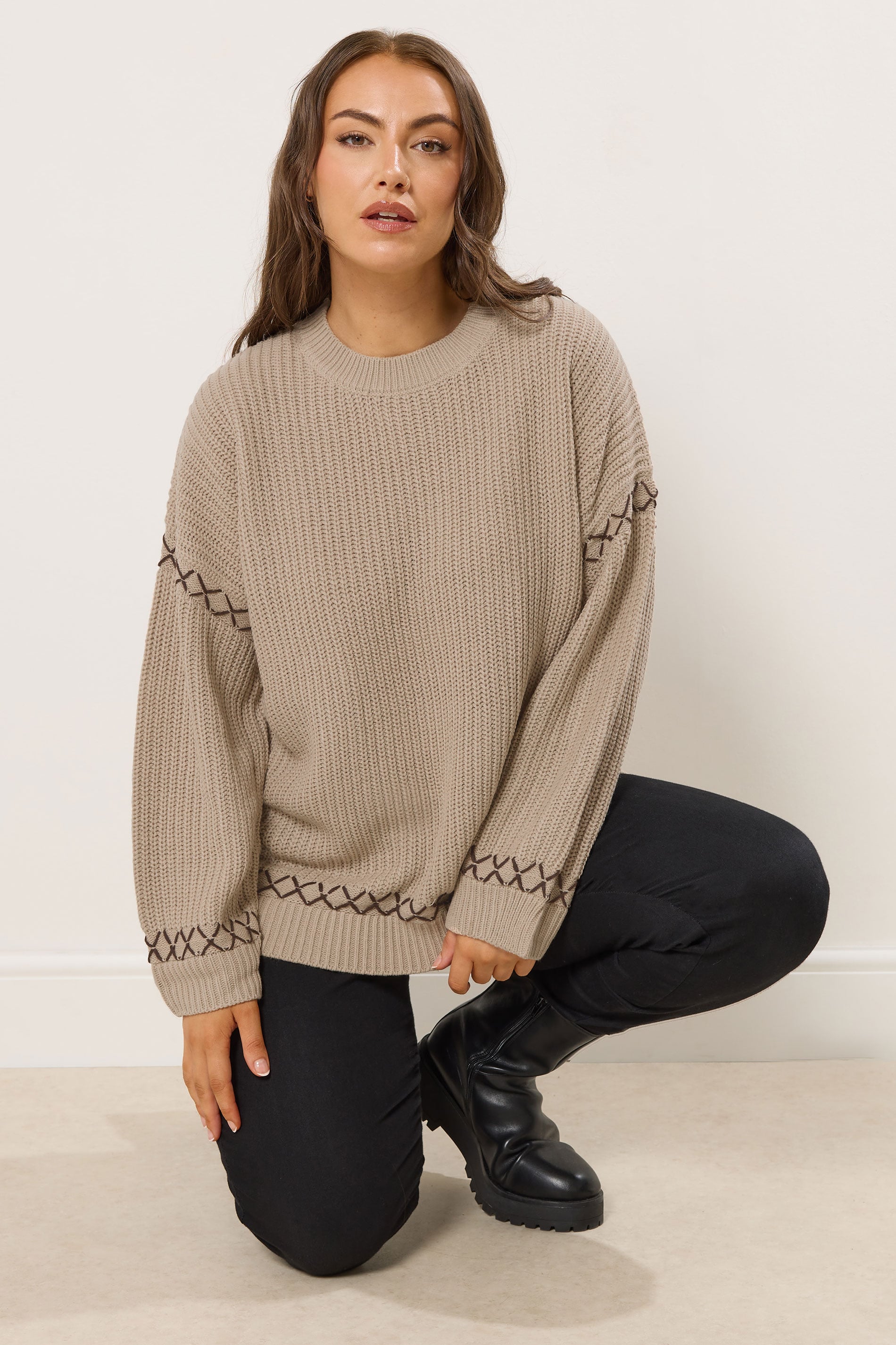 YOURS Plus Size Natural Brown Blanket Stitch Jumper | Yours Clothing 3