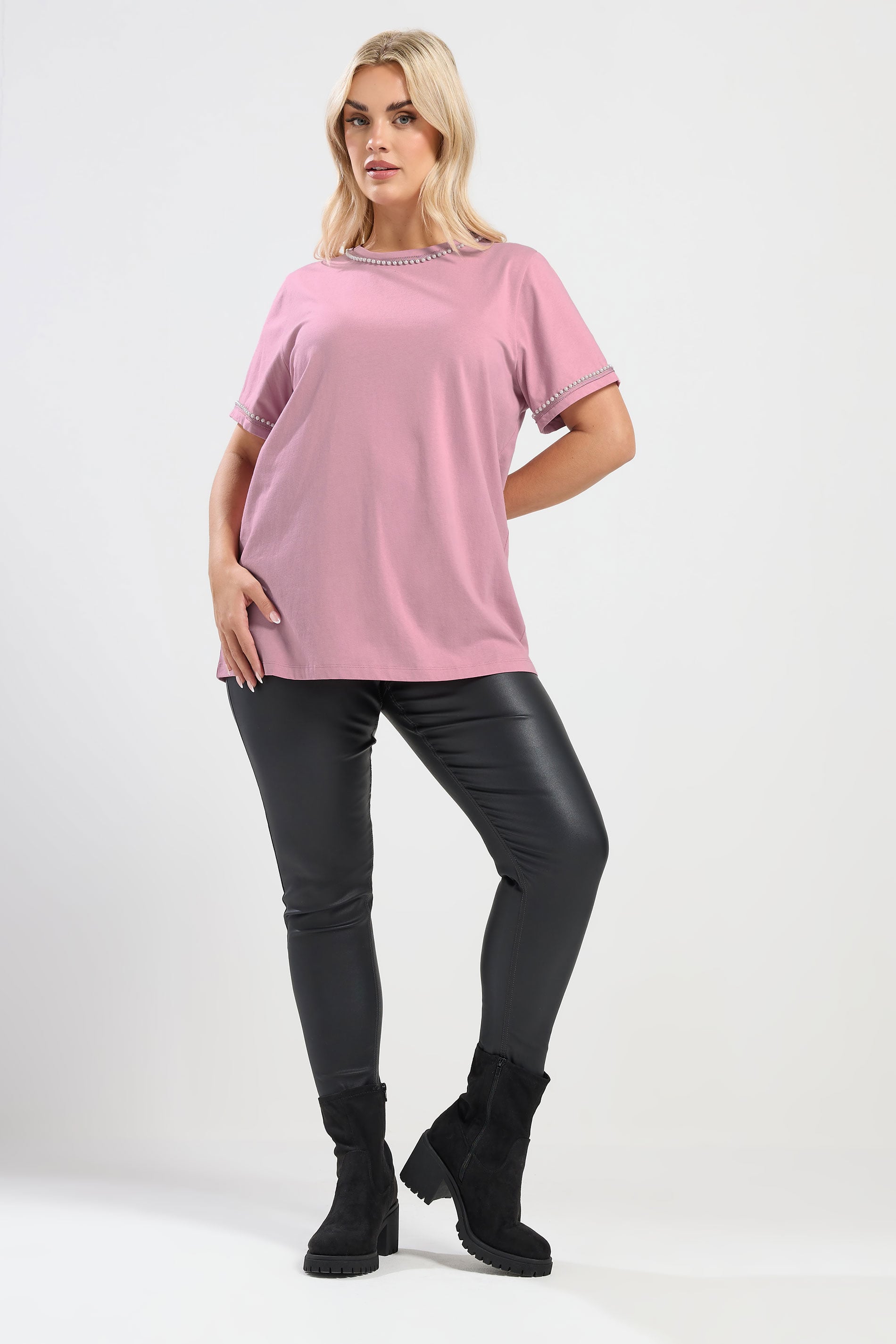 YOURS Plus Size Pink Pearl Trim T-Shirt | Yours Clothing 1