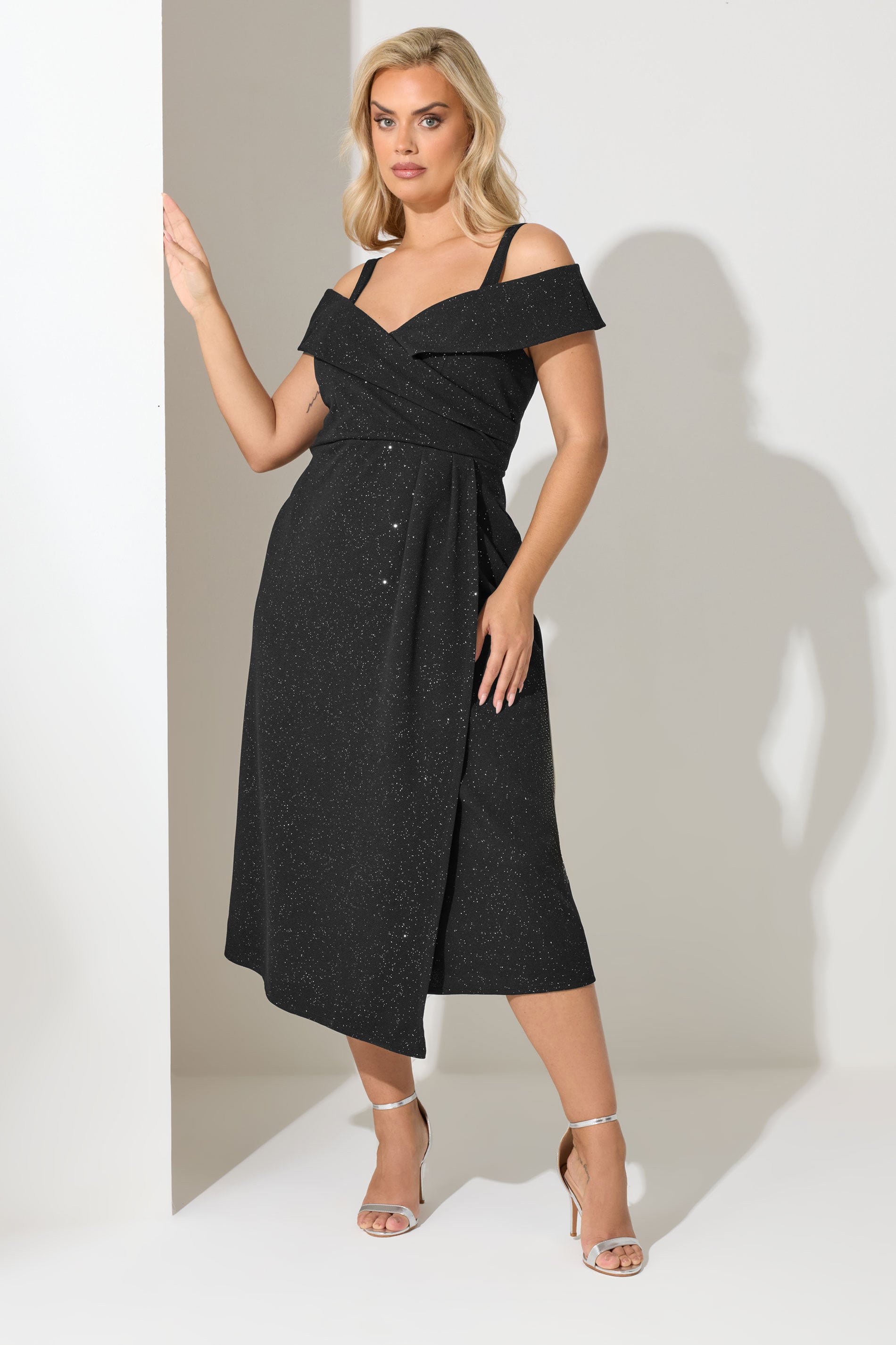 YOURS LONDON Plus Size Black Bardot Glitter Skater Dress | Yours Clothing 3