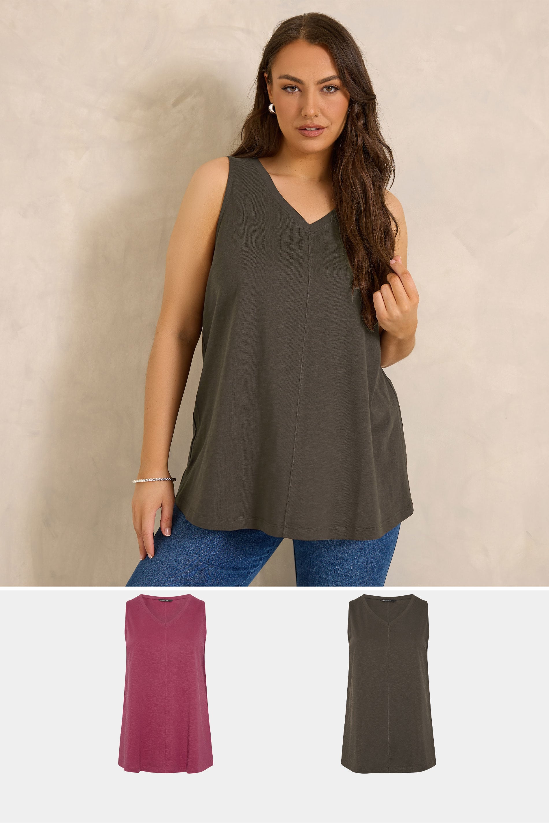 Evans Women's Brown Plus Pack & Berry Red Cotton Vest Tops Size 30-32