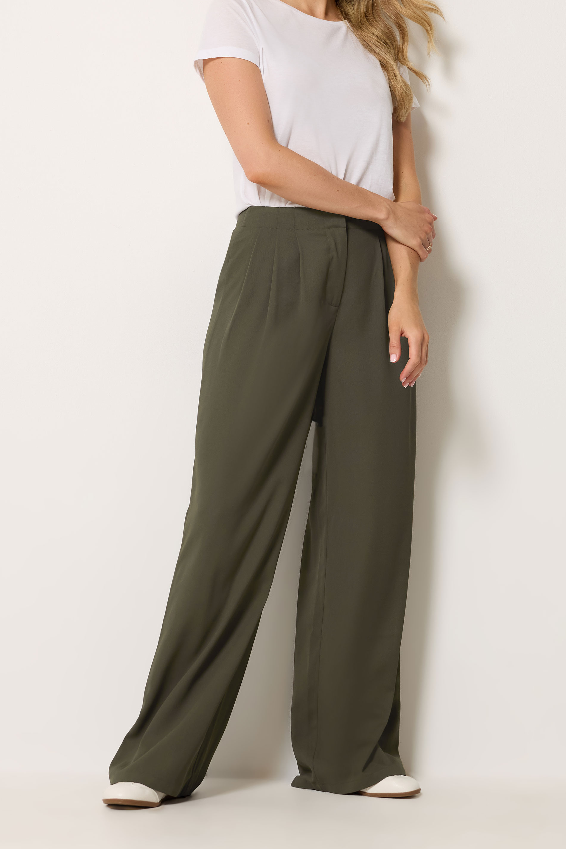 LTS Tall Women's Olive Green Pleated Wide Leg Trousers | Long Tall Sally 1
