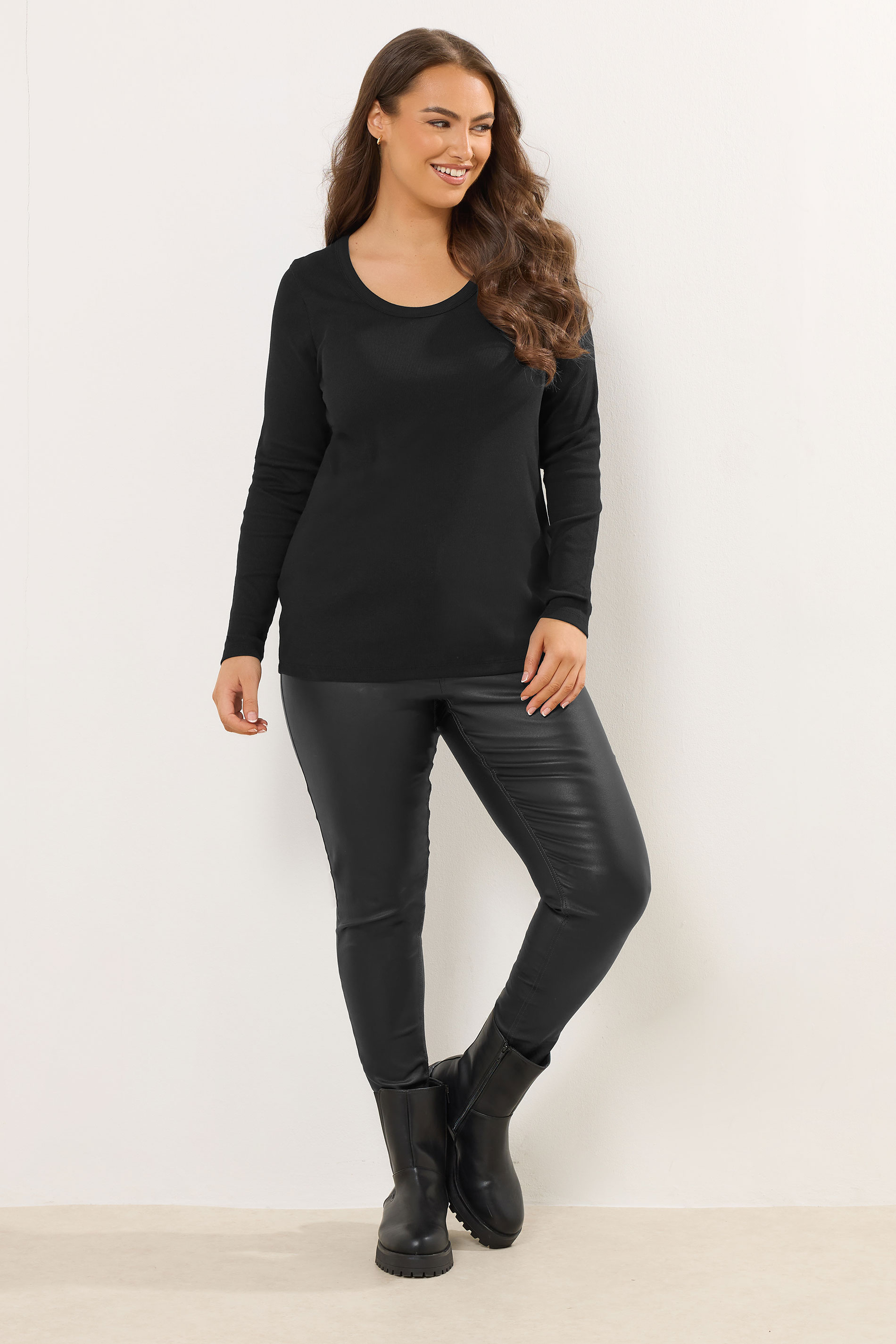 YOURS Plus Size Black Ribbed Scoop Neck Top | Yours Clothing 1