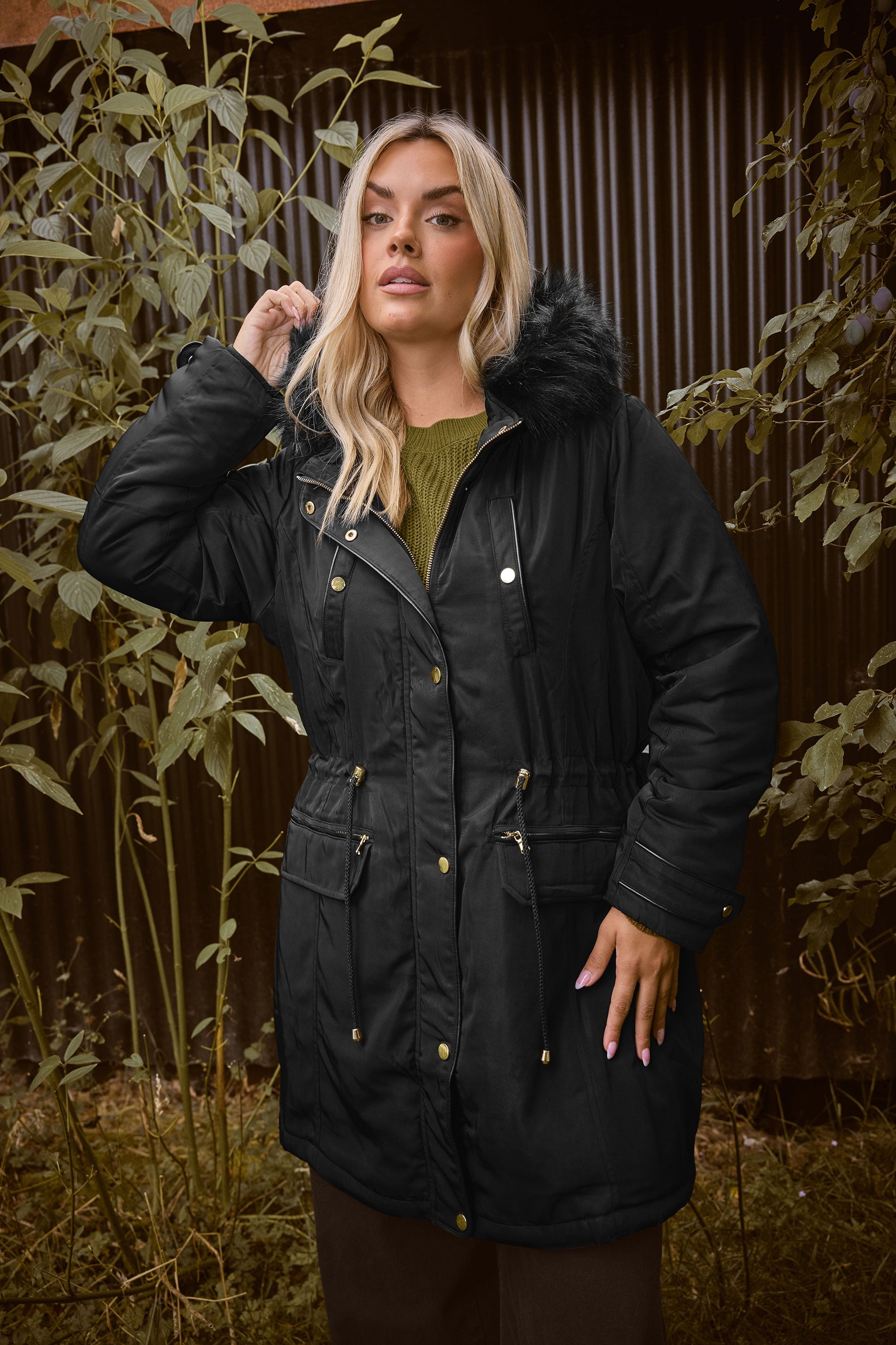YOURS Plus Size Black Faux Fur Trim Plush Parka Jacket | Yours Clothing 1