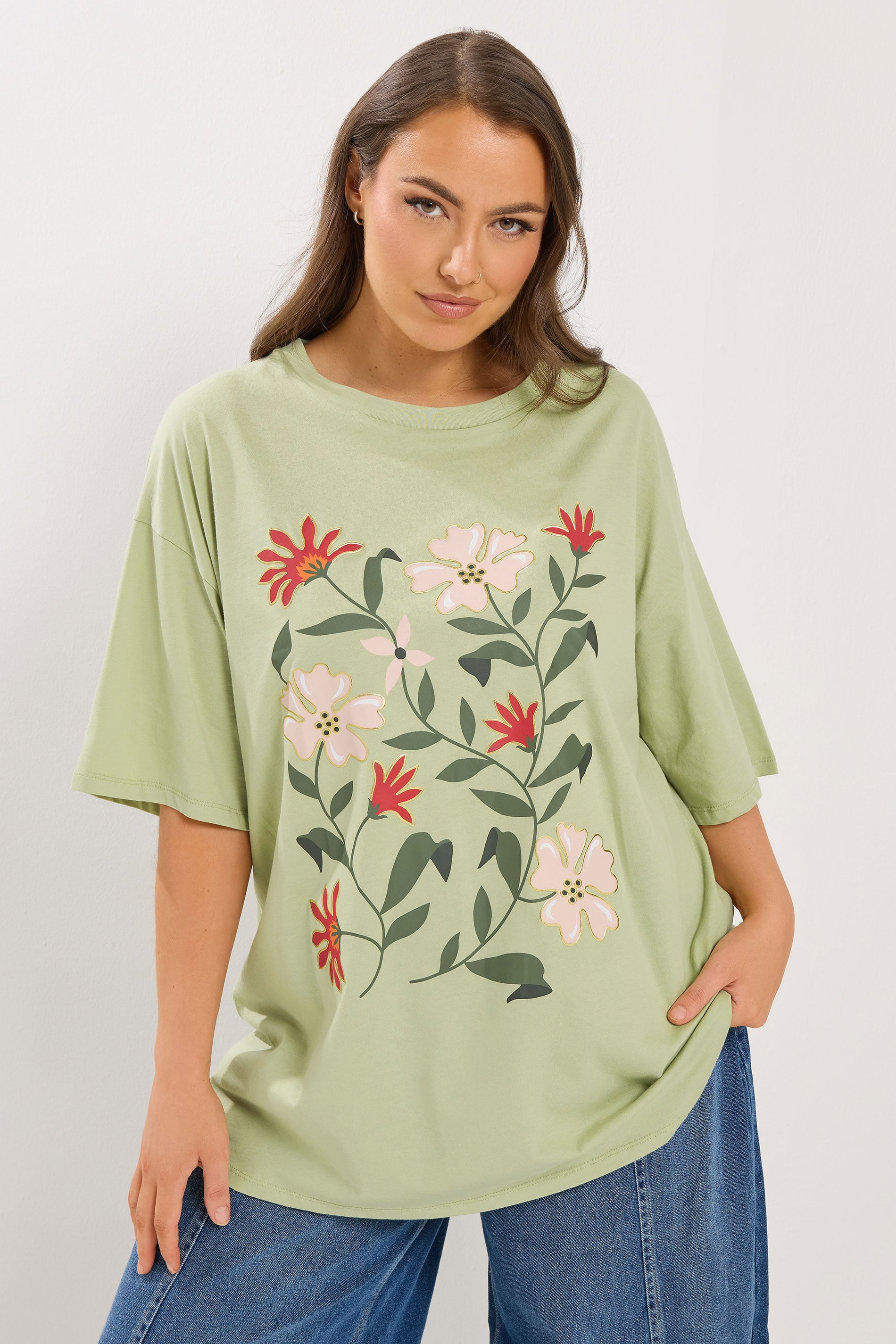 YOURS Plus Size Green Floral Graphic T-Shirt | Yours Clothing 3