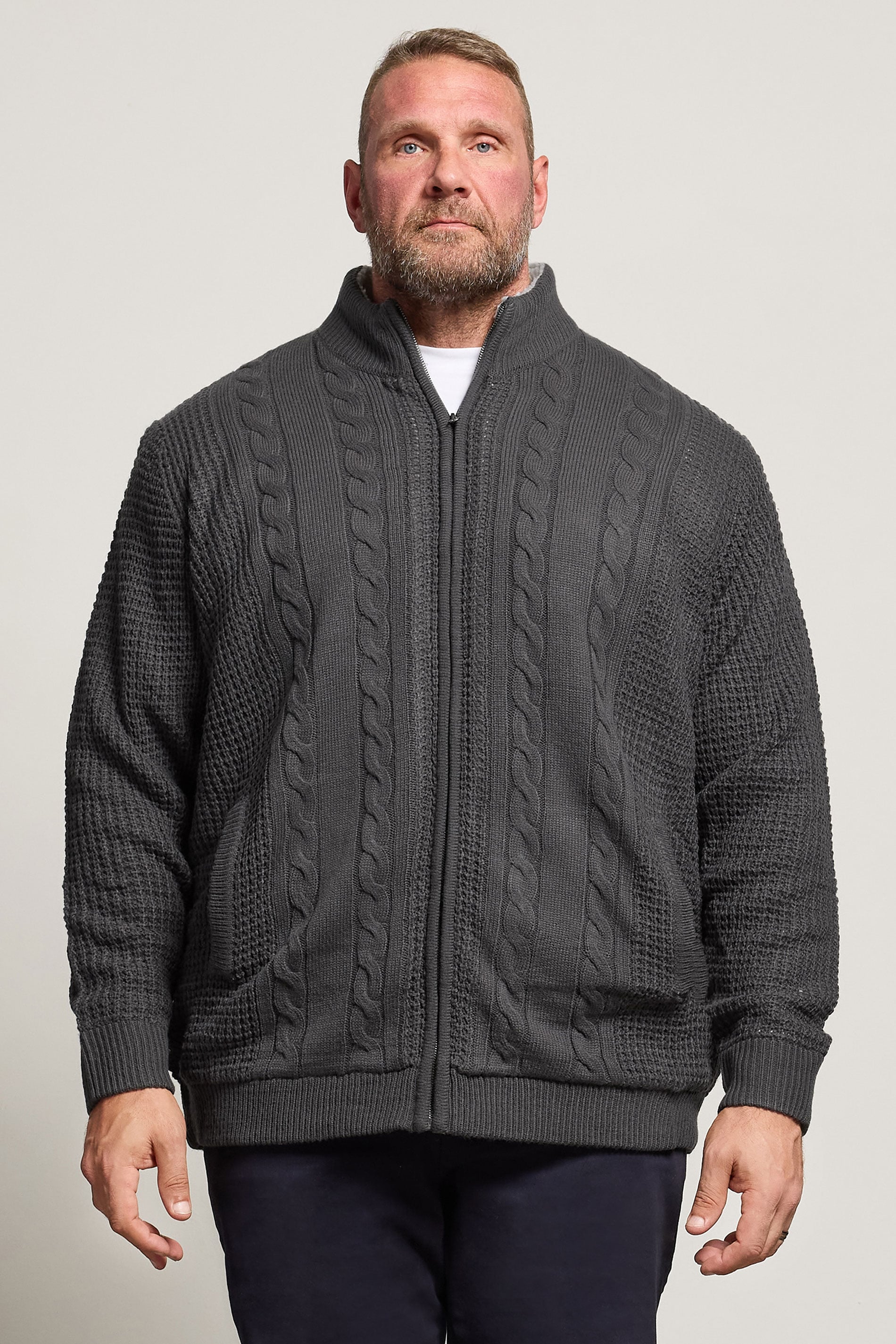 BadRhino Big & Tall Charcoal Grey Sherpa Lined Zip Through Cable Jumper | BadRhino 3