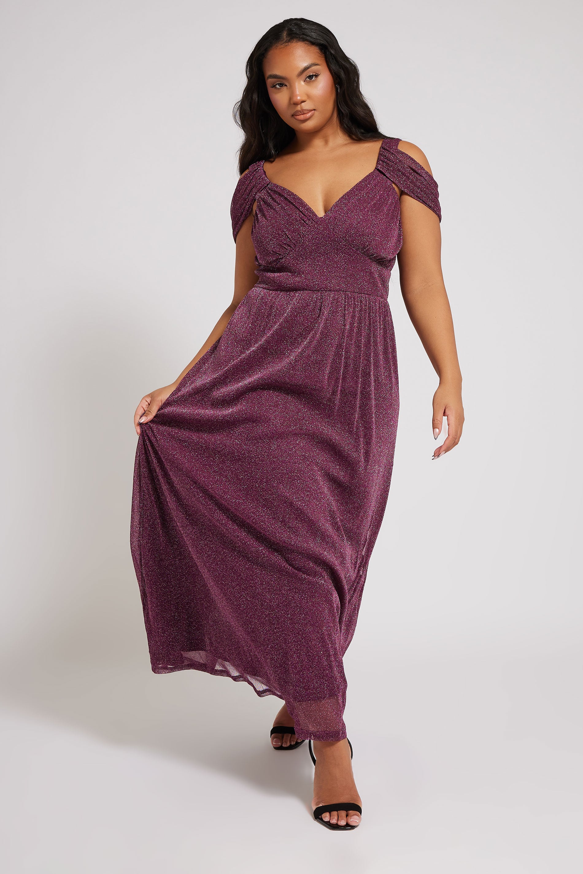 YOURS LONDON Plus Size Purple Metallic Cold Shoulder Maxi Dress | Yours Clothing 1