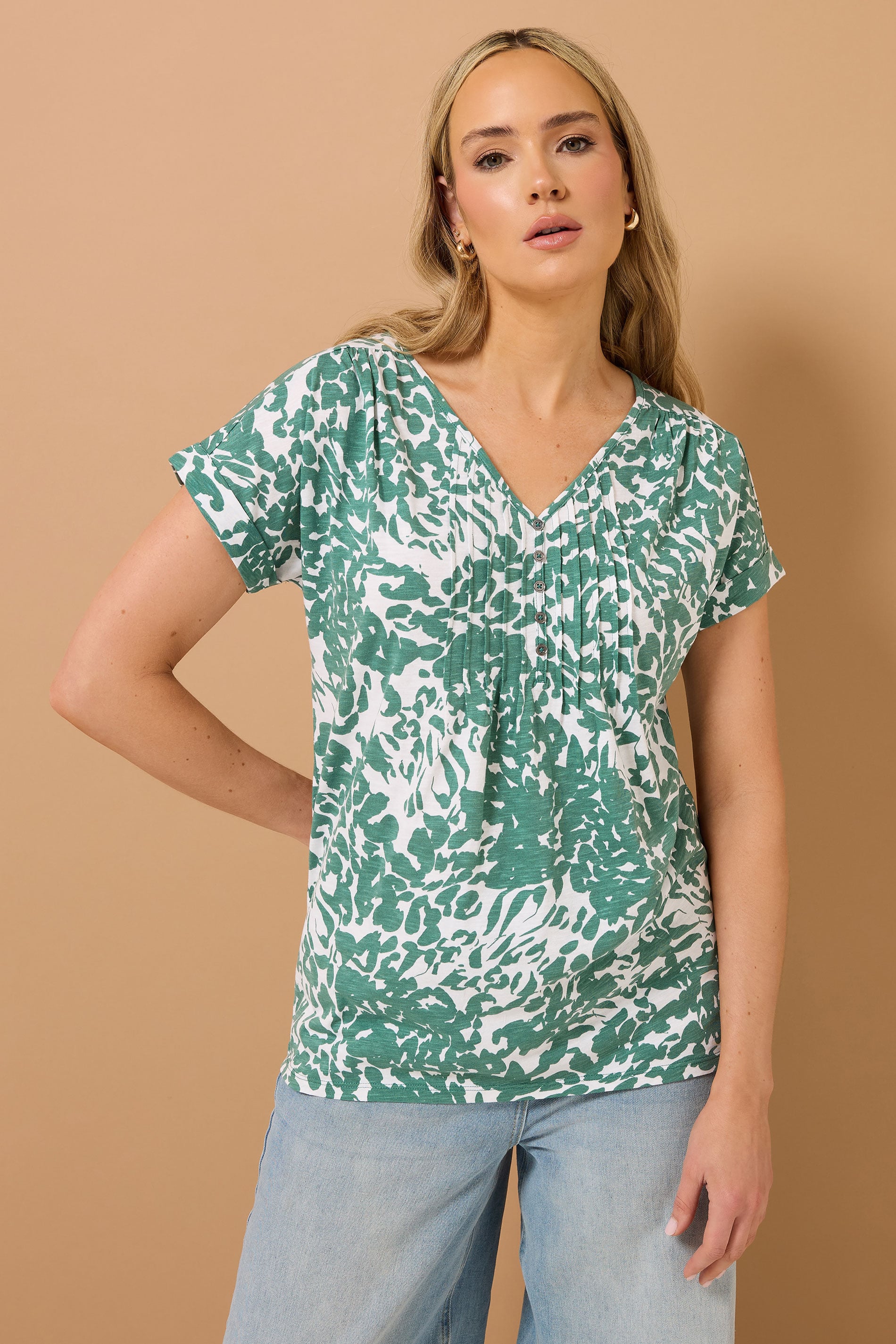 LTS Tall Sage Green Cotton Abstract Floral Henley Top | Long Tall Sally 3