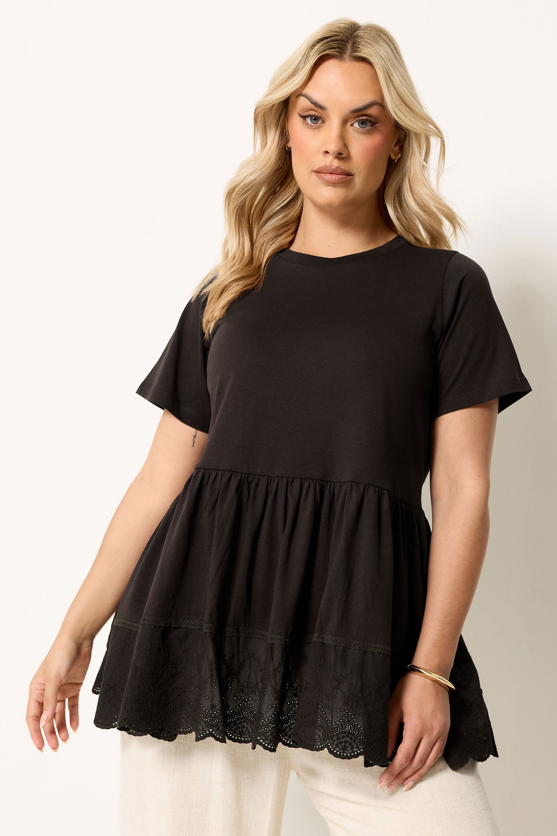 YOURS Plus Size Brown Broderie Anglaise Trim Peplum Top | Yours Clothing 3