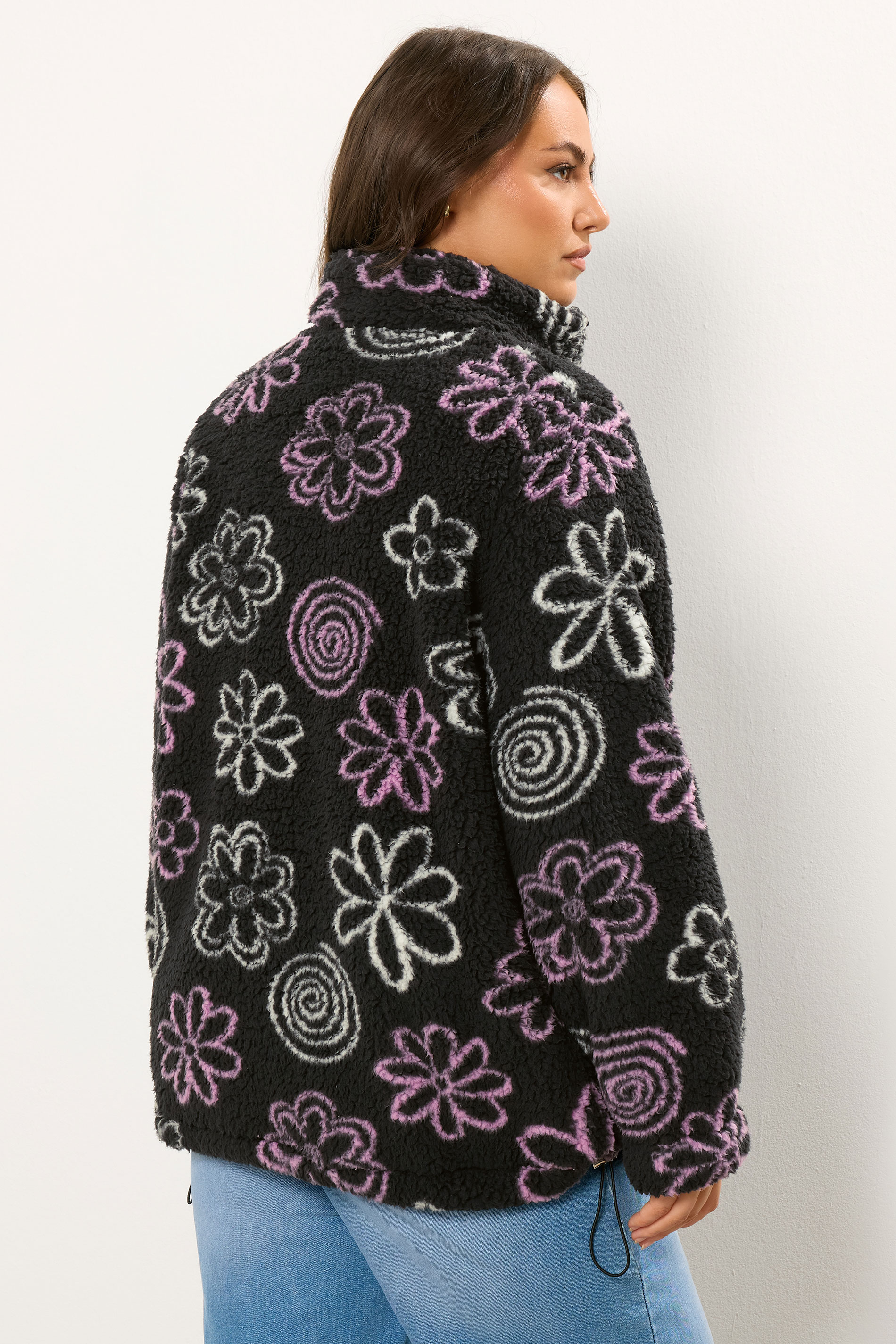 YOURS Plus Size Black Floral Quarter Zip Fleece | Yours Clothing 2