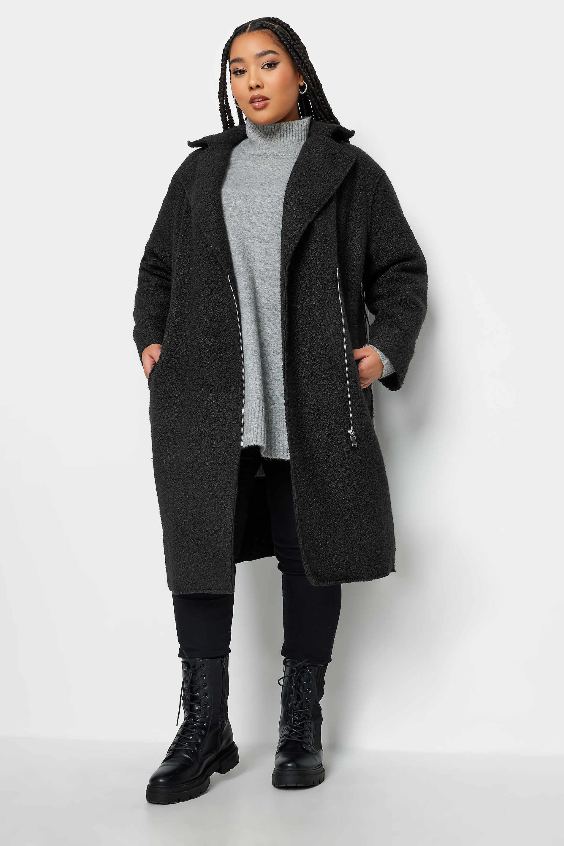 YOURS Curve Black Boucle Biker Coat | Yours Clothing 2