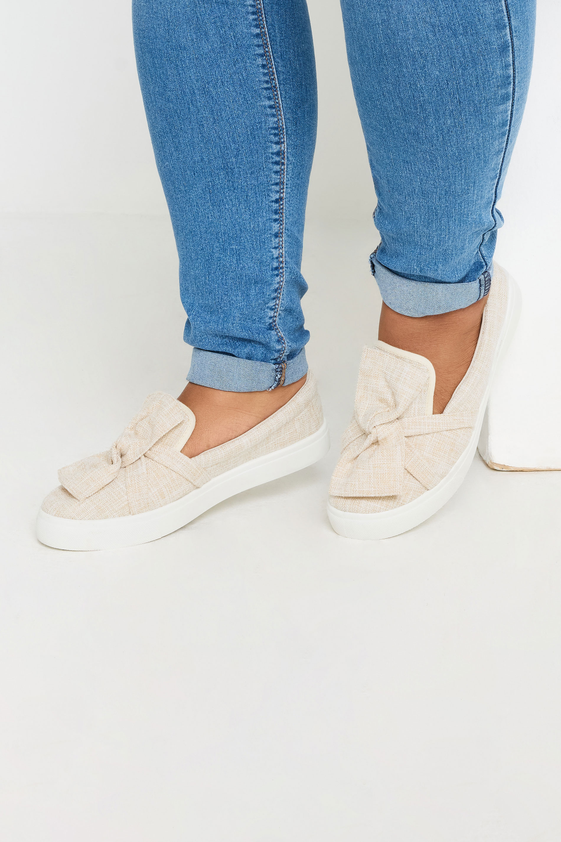 Beige Brown Canvas Twisted Bow Slip-On Trainers | Yours Clothing 3