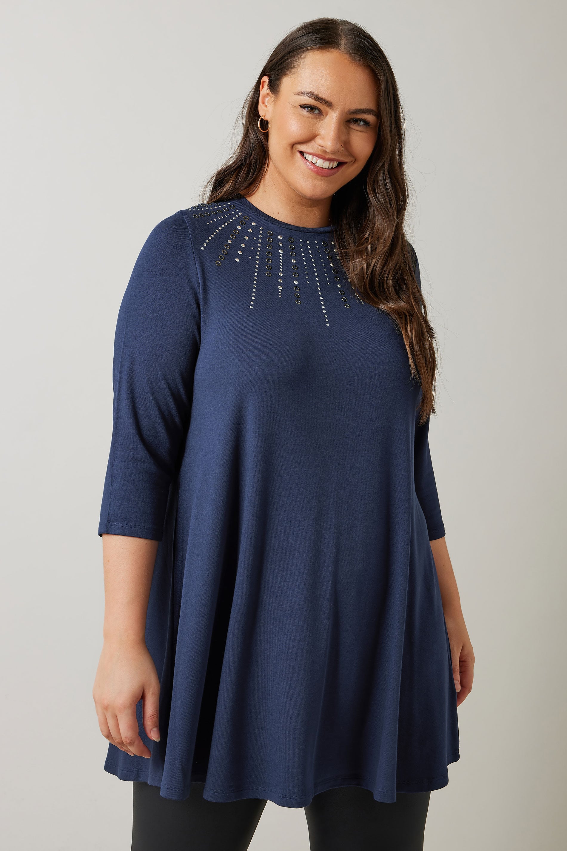 EVANS Plus Size Navy Blue Sequin Embellished Longline Top | Evans 3