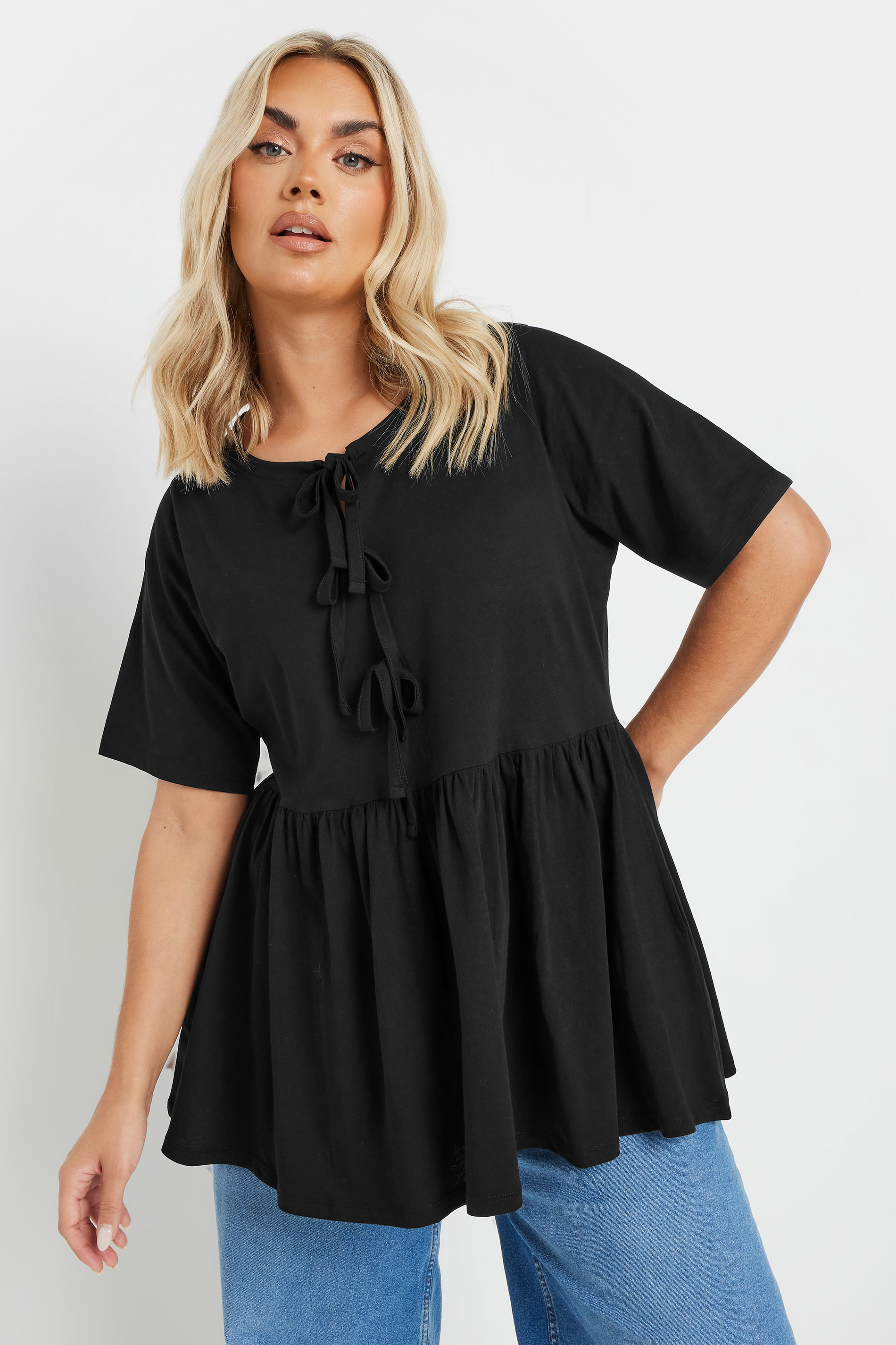 YOURS Plus Size Black Bow Tie Front Peplum Top | Yours Clothing 1