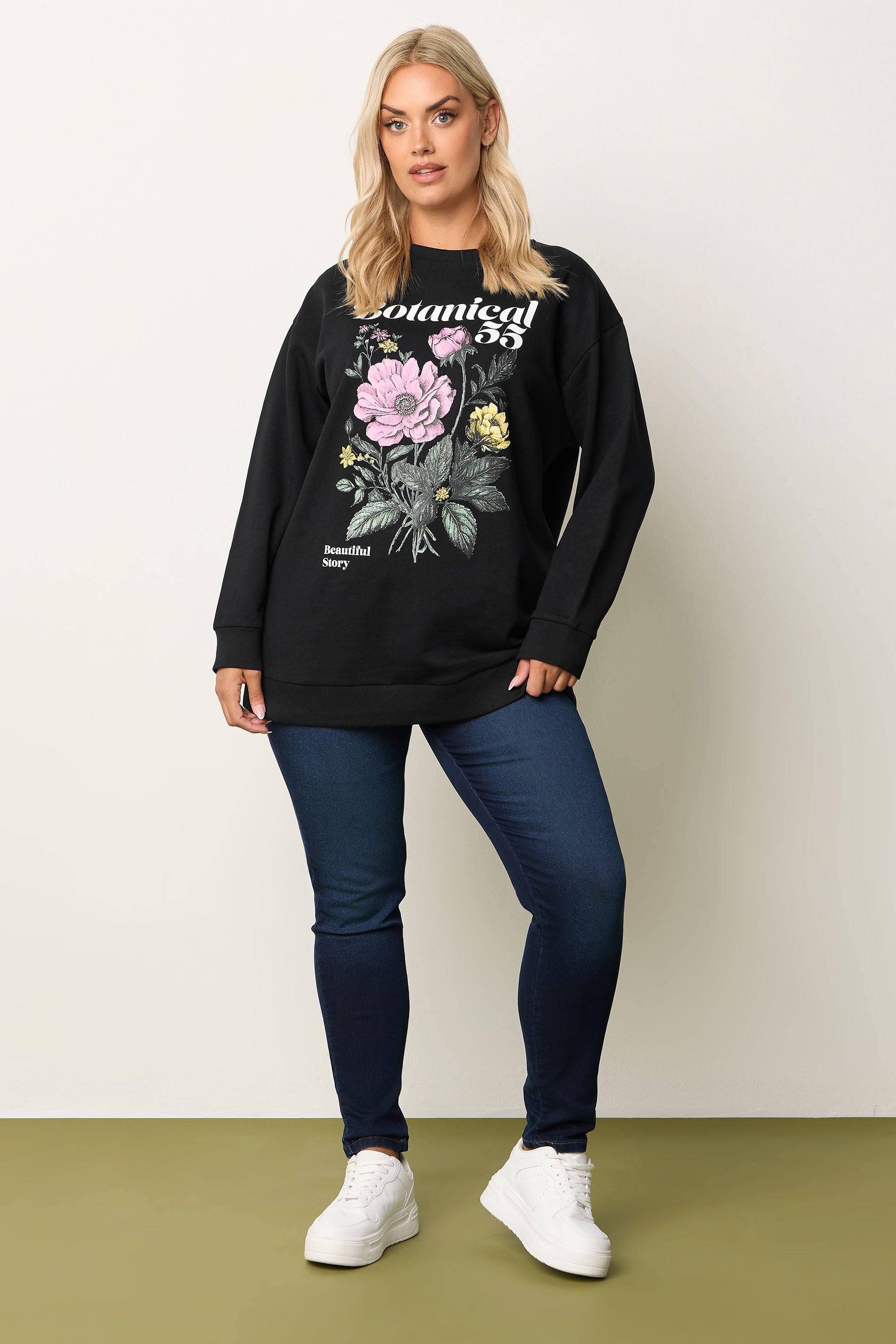 YOURS Plus Size Black 'Botanical' Floral Sweatshirt | Yours Clothing 1